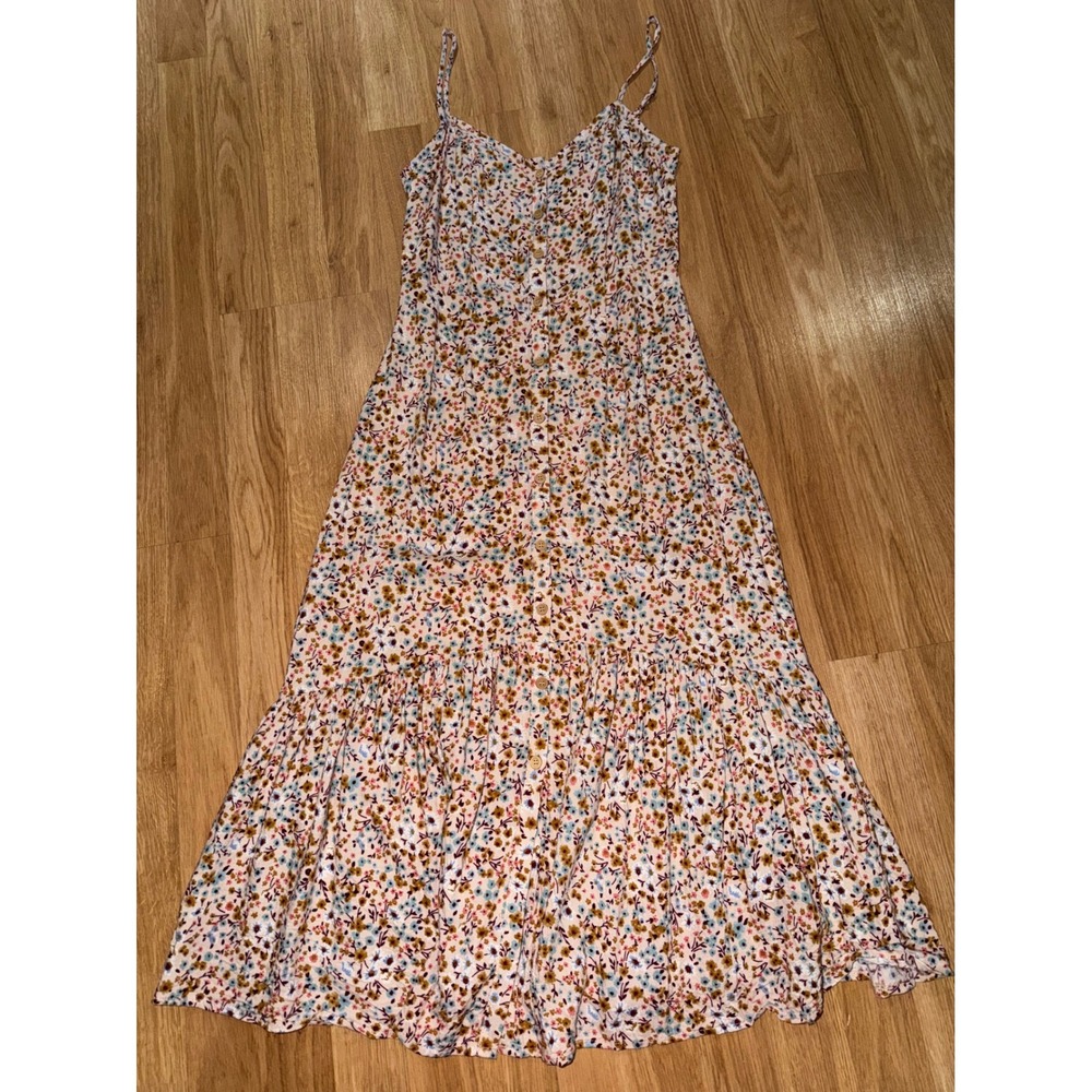 Mimi Chica Floral Maxi Dress Womens Medium Cream Button Front Tiered Boho Summer